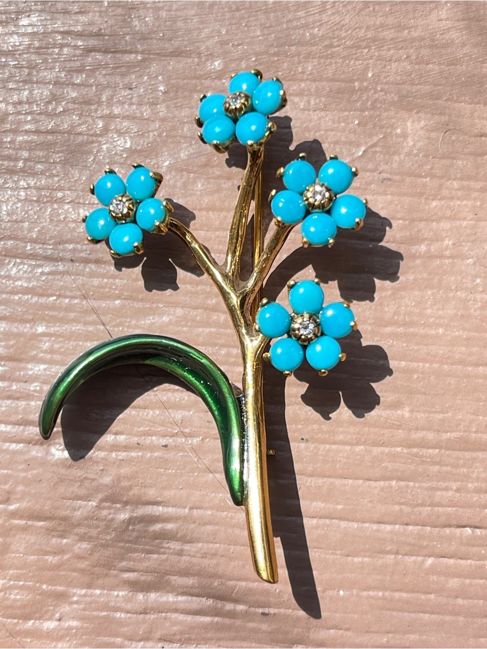 Vintage MMA Forget Me Not Brooch Faux Turquoise Enamel Rhinestone Brooch